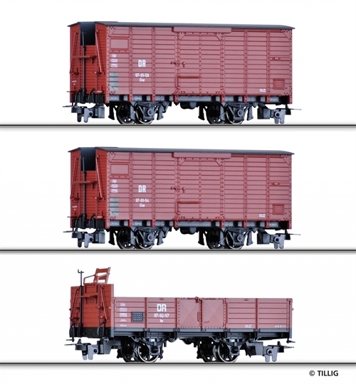 Tillig 05971 Güterwagenset mit zwei verschiedenen gedeckten Güterwagen (Gw) und einem offenen Güterwagen (Ow), DR