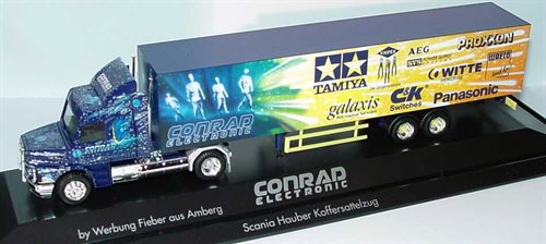 Herpa 187800 Scania T143 Topline Fv Koffersattelzug 2/2 Cv "Conrad Electronic, Scall"