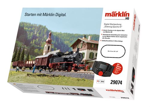 Märklin 29074 Digitales Startset „Güterzug“ BR 74 mit drei Güterwagen, C-Gleis-Oval und Mobile Station II, ep III