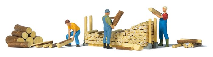 Preiser 10707 Brennholzstapel, drei Figuren und Brennholzstücke, H0
