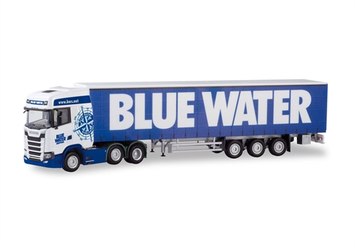 Herpa 310659 Scania CS 20 Hochdach 6×2 Gardinenplanen-Sattelzug "Blue Water" (DK)