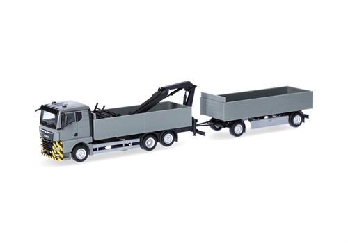Herpa 3208825 MAN TGX GN Pritschenauflieger mit Kran, grau/gelb