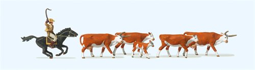 Preiser 10159 Longhorn-Rinder und Cowboy, sechs Figuren, H0