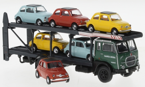 Brekina 58482 Fiat 642 Autotransporter, mit 6 verschiedenen Fiat 500 Personenwagen, H0