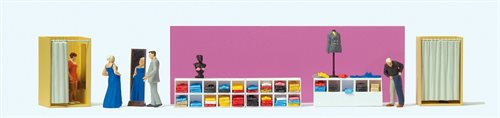 Preiser 10628 Im Bekleidungsgeschäft, vier Figuren mit Zubehör, H0