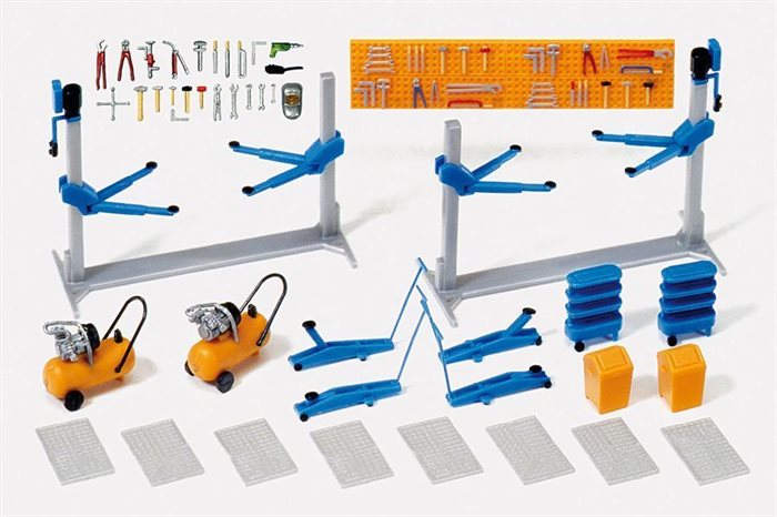 Preiser 17186 Autowerkstatteinrichtung mit Hubkompressoren und Zubehör, H0