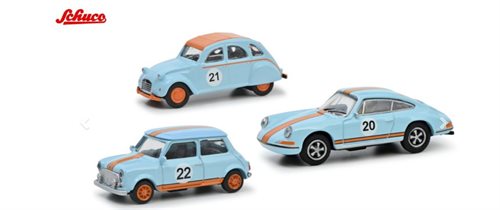 Schuco 71600 3er set vintage Racing Citroen 2 CV, Porsche 911 S und Mini Cooper in hellblau/orange, H0