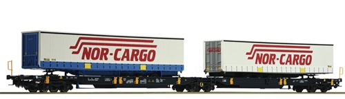  64 Roco 67389 Doppel-Pocket-Wagen-Set mit Nor-Cargo-Anhängern, (GEBRAUCHT)